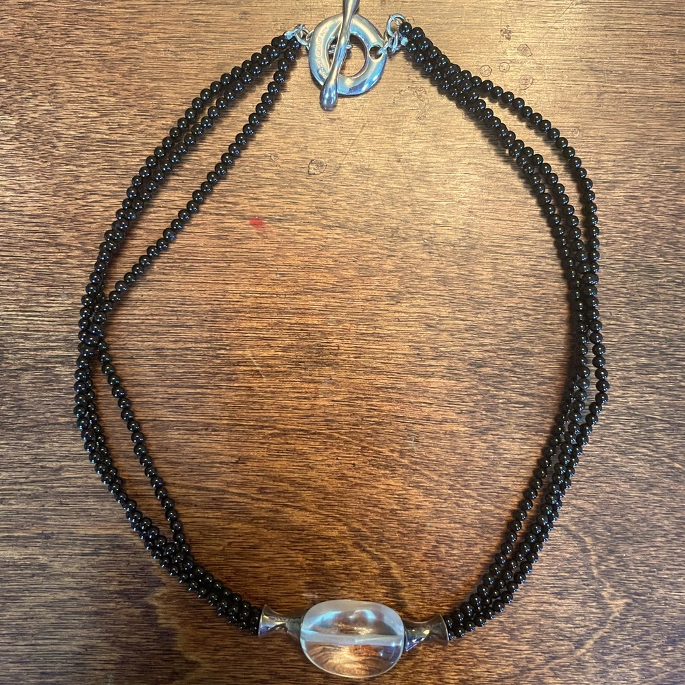 Vintage Robert Lee Morris Sterling Silver Rock Crystal & Onyx Toggle Necklace